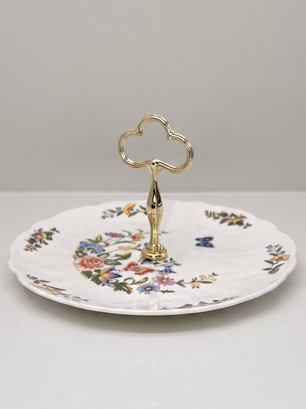Vintage Aynsley Cottage Garden Bone China Cake Plate Metal Handle Floral England
